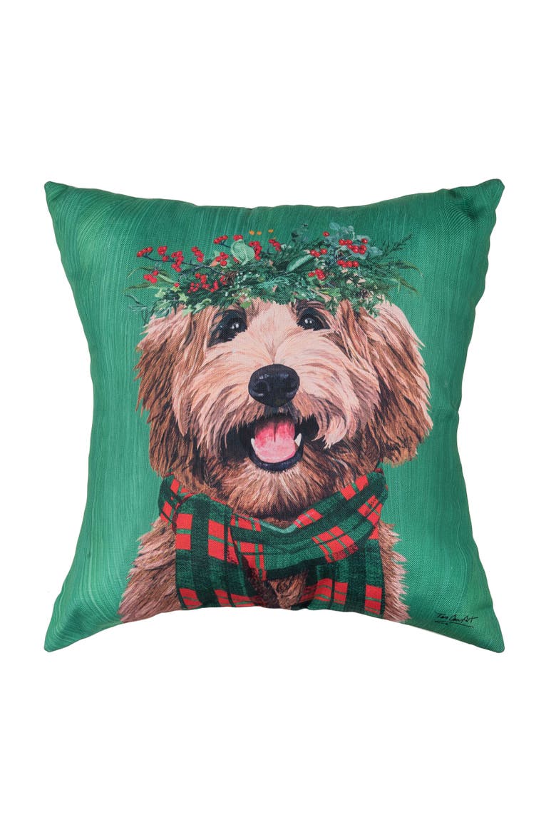 Cute Holiday Labradoodle Dog with Wreath Hat Throw Pillow 18" x 18", Main, color, Green