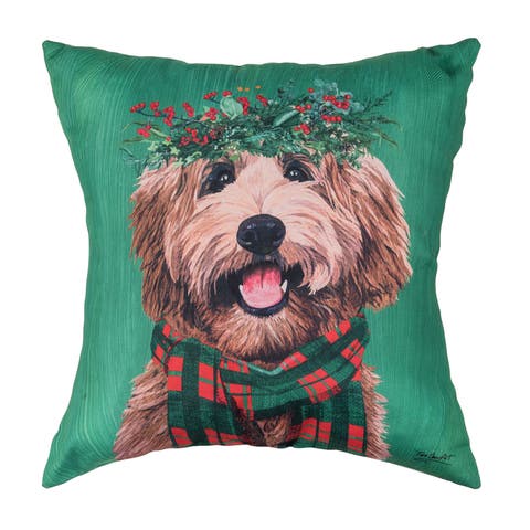 Cute Holiday Labradoodle Dog with Wreath Hat Throw Pillow 18" x 18"