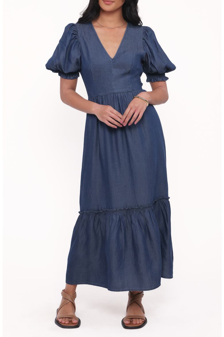 Steele Puff Sleeve Tiered Chambray Midi Dress, Main, color, DARK DENIM