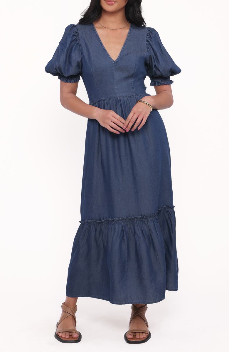 Petal & Pup Steele Puff Sleeve Tiered Chambray Midi Dress, Main, color, Dark Denim