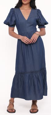 Petal & Pup Steele Puff Sleeve Tiered Chambray Midi Dress