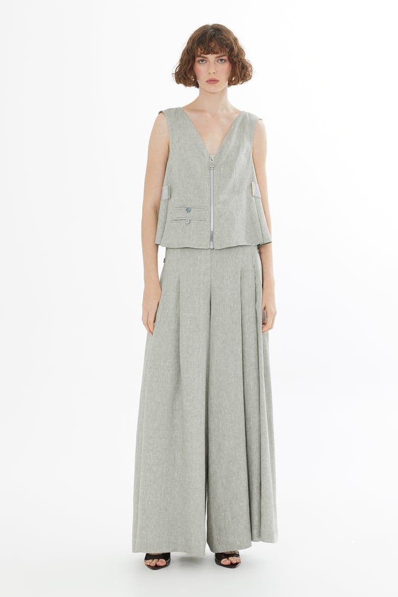 Green Sleeveless Pocket Linen Blouse, Main, color, Green