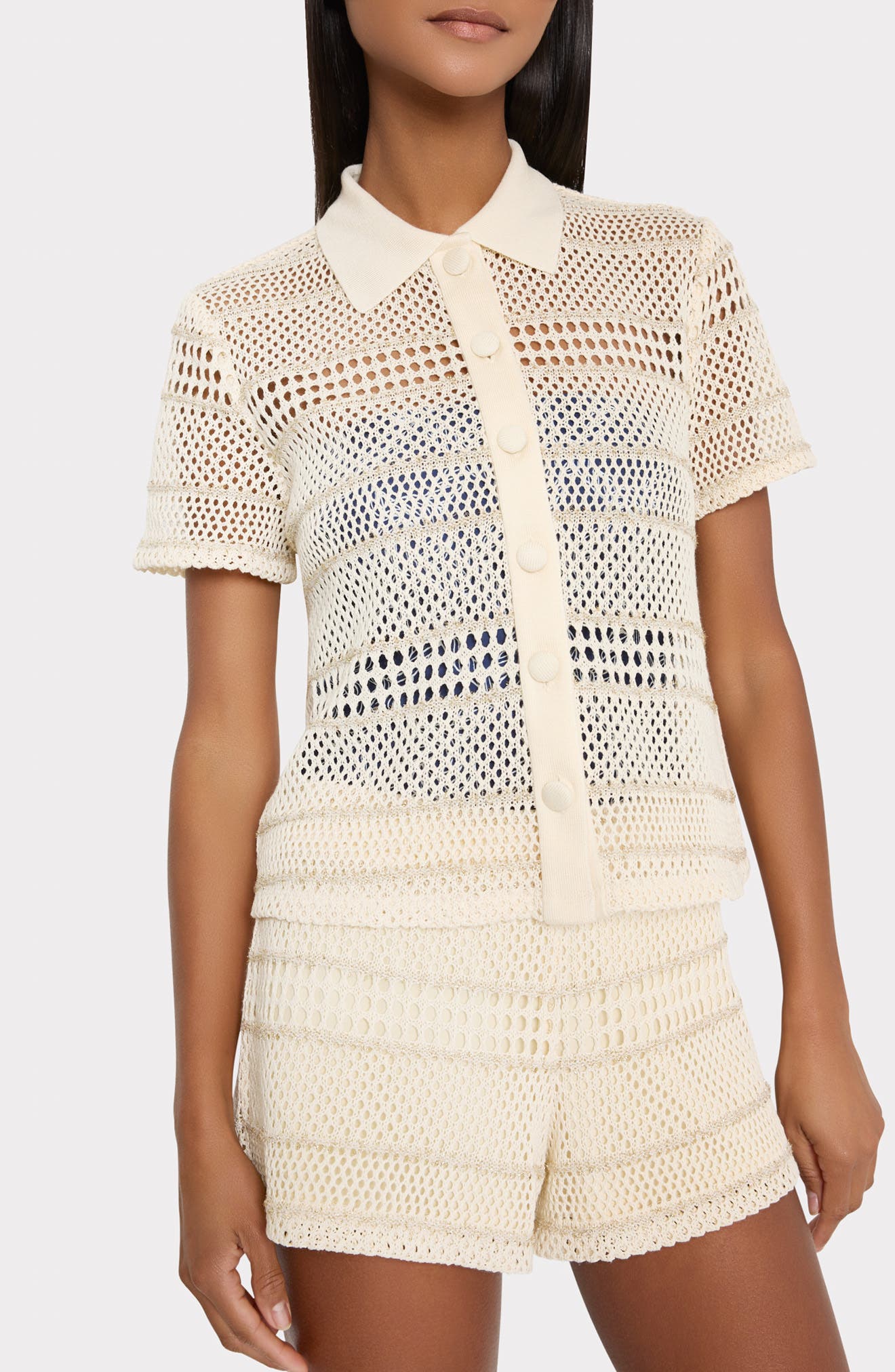 Metallic Sheer Open Stitch Button-Up Cover-Up Shirt