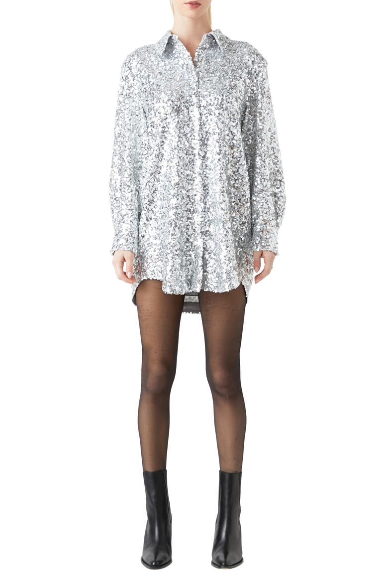 Sequin Long Sleeve Mini Shirtdress, Main, color, SILVER