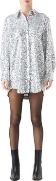 Grey Lab Sequin Long Sleeve Mini Shirtdress