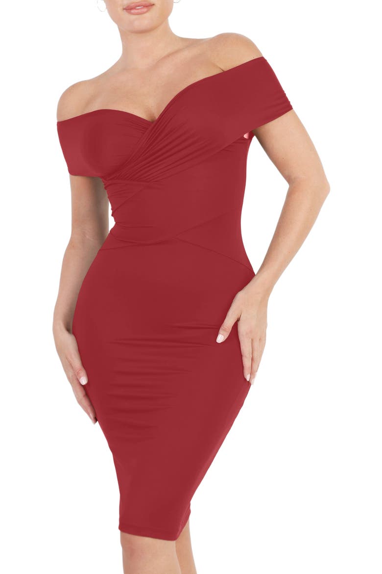 Shapewear Ruched Off-Shoulder Sculpting Midi Dress, Alternate, color, Maroon