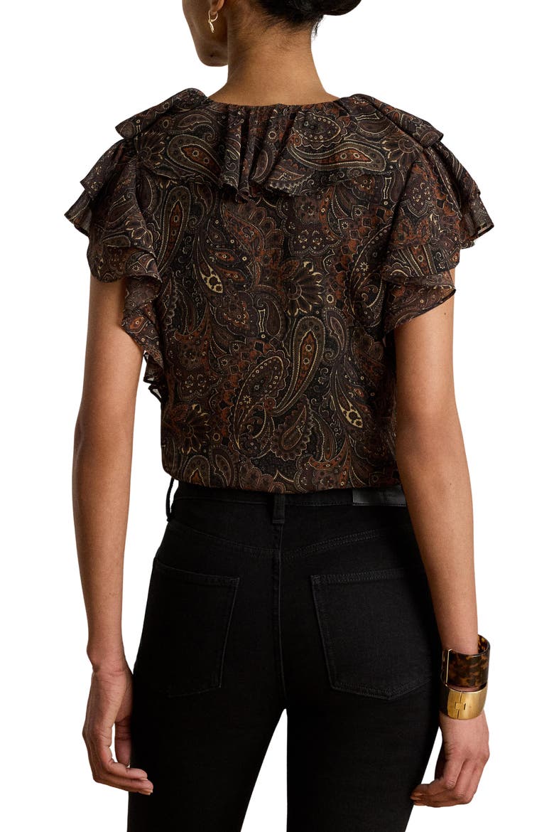 Paisley Ruffle Trim Georgette Top, Alternate, color, BLACK/ MULTI