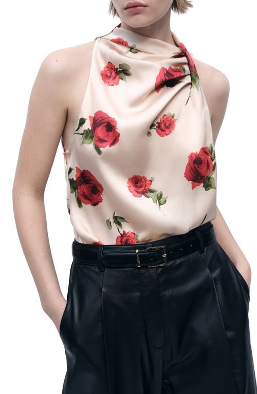 Shop Mango Rose Print Sleeveless Satin Shirt In Ecru