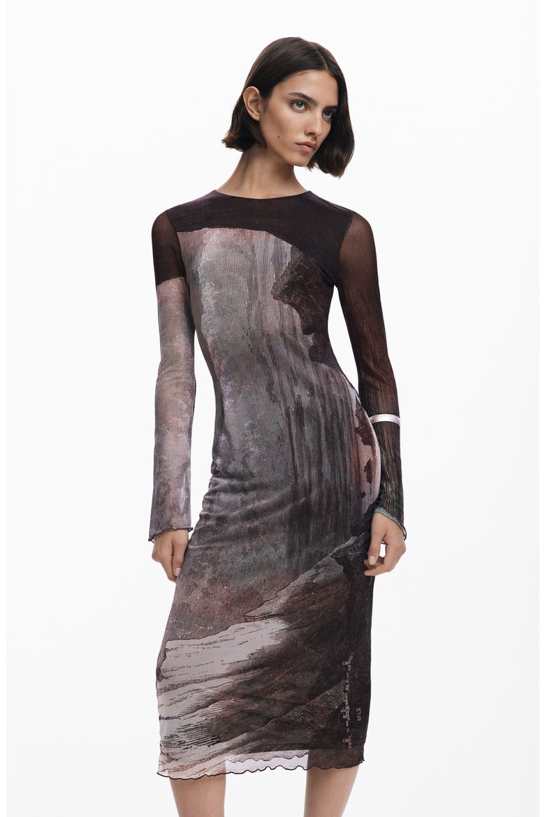 Abstract Print Long Sleeve Mesh Midi Dress, Alternate, color, DARK BROWN