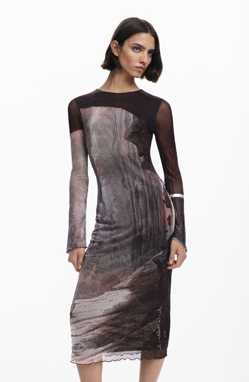Desigual Abstract Print Long Sleeve Mesh Midi Dress In Brown