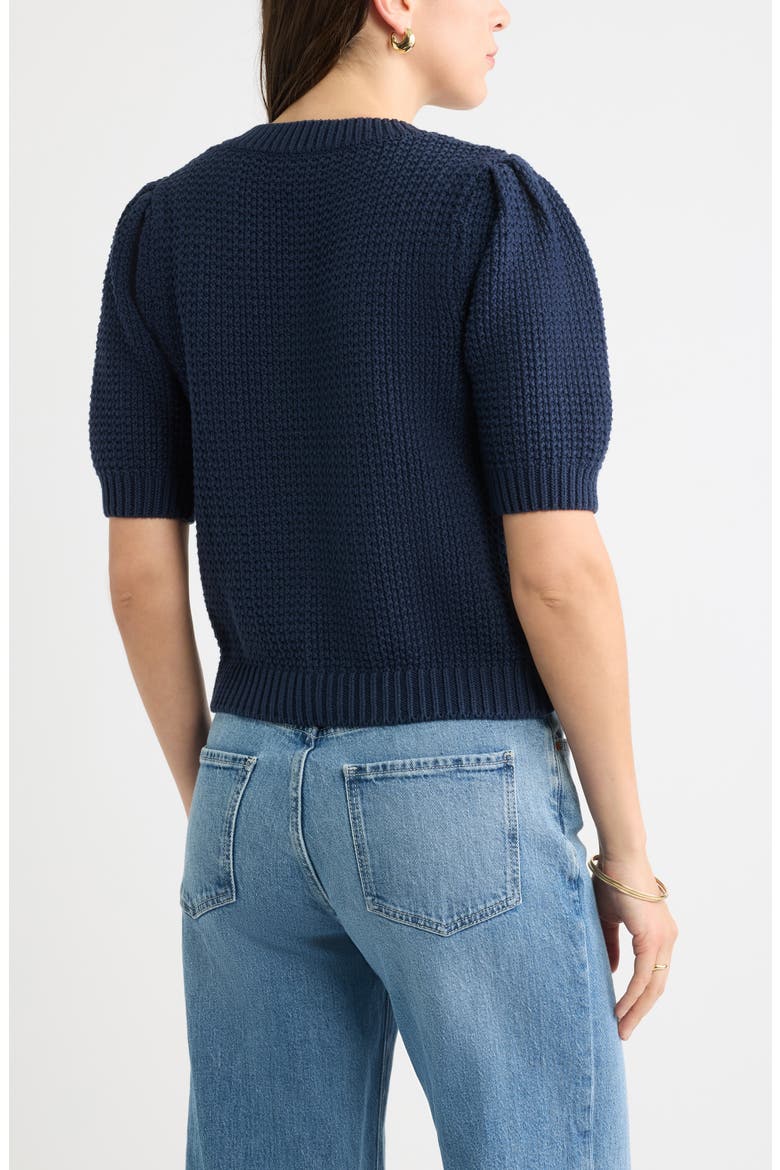 Puff Sleeve Textured Cotton Cardigan, Alternate, color, NAVY STILL