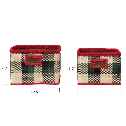 Storied Home Hand-woven Seagrass Baskets With Check Pattern & Fuchsia Trim, Black, Green & Natural, In Red