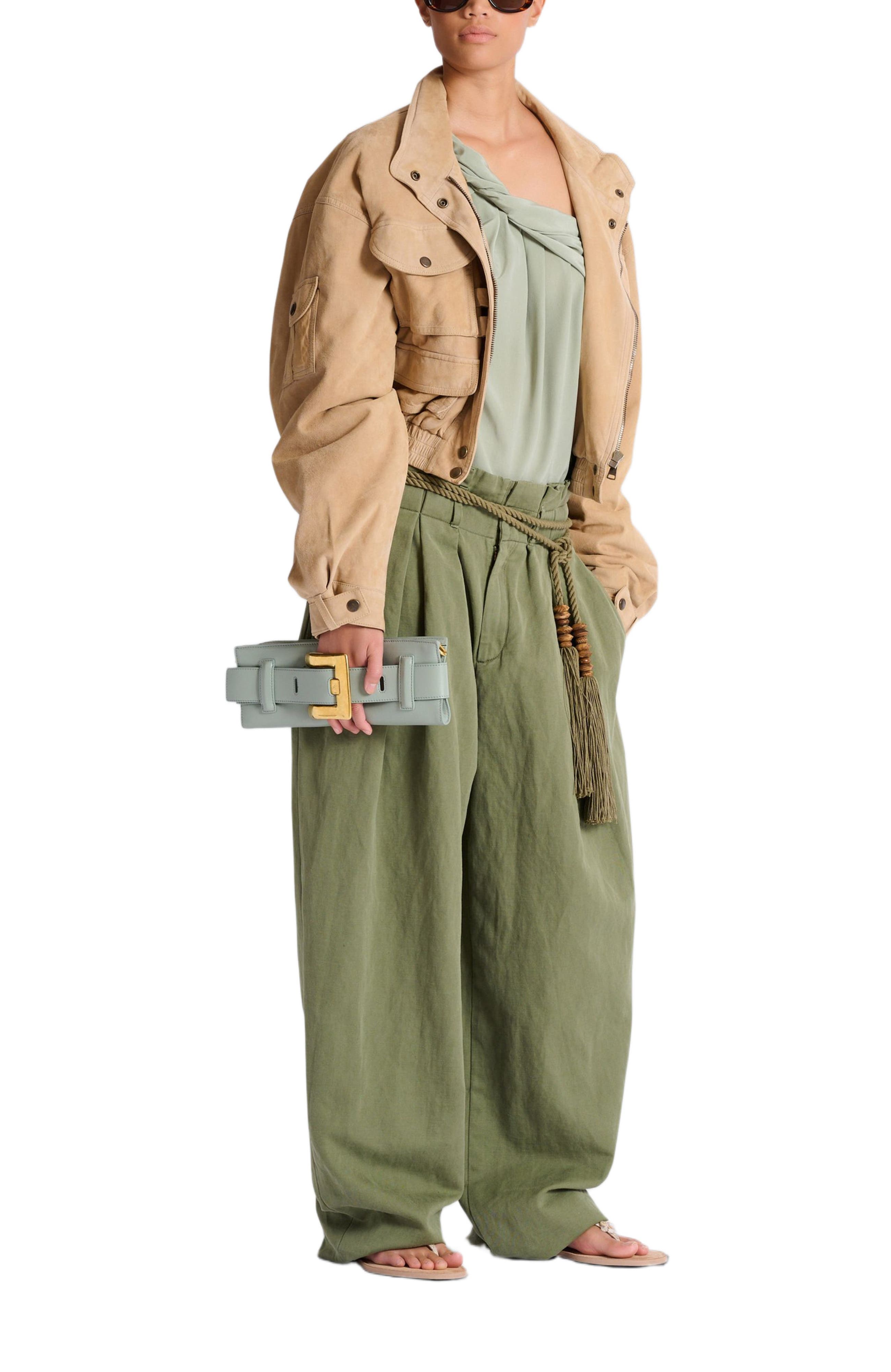 Balmain Anthem calfskin leather clutch, Alternate, color, Green