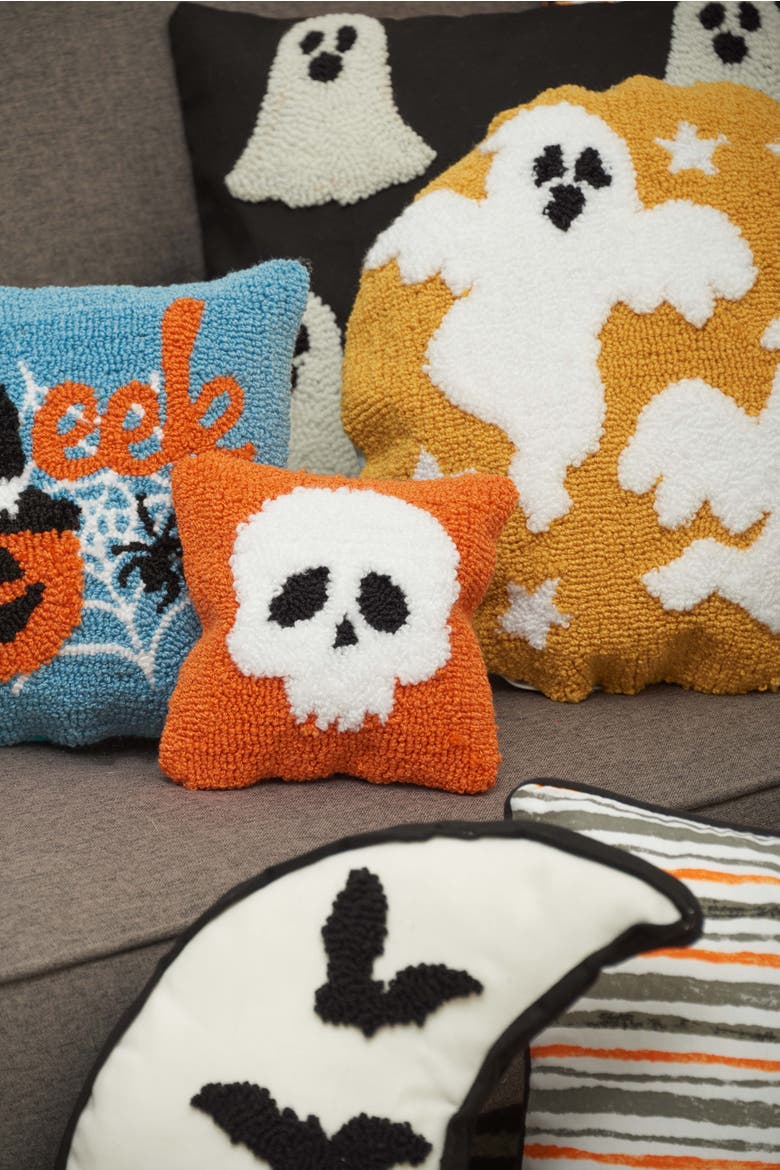 Witch Ghost & Bat "Boo" Mini Hooked Halloween Accent Pillow 12" x 12", Alternate, color, Orange