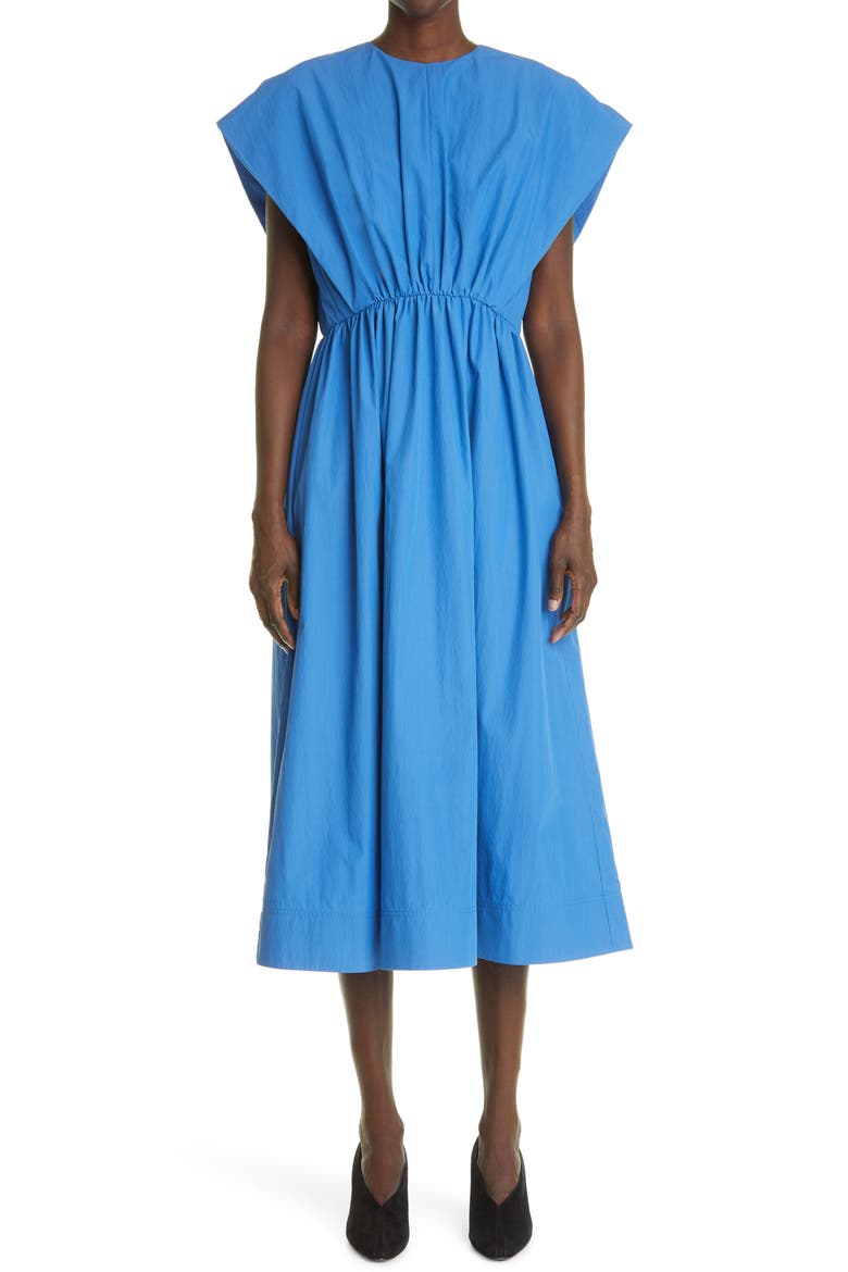Gathered A-Line Poplin Midi Dress, Main, color, CORNFLOWER
