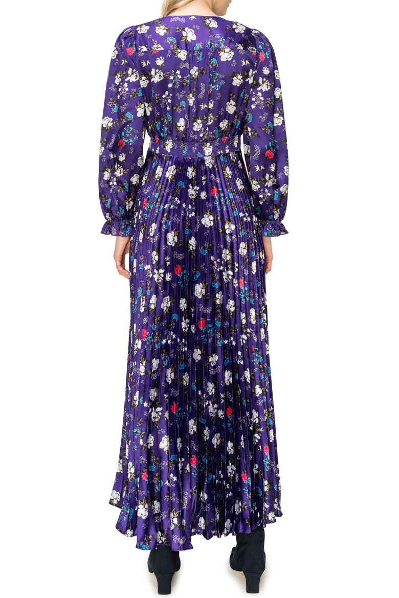 Floral Long Sleeve Pleat Satin Dress, Alternate, color, PURPLE PRINT