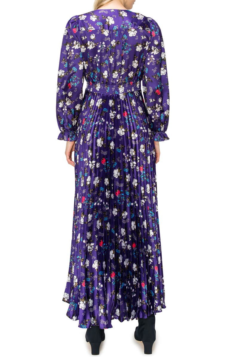 MELLODAY Floral Long Sleeve Pleat Satin Dress, Alternate, color, 