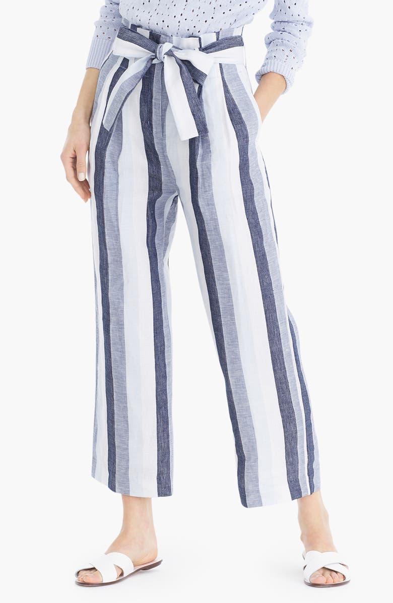 J.Crew Point Sur Paperbag Stripe Linen Pants, Alternate, color,