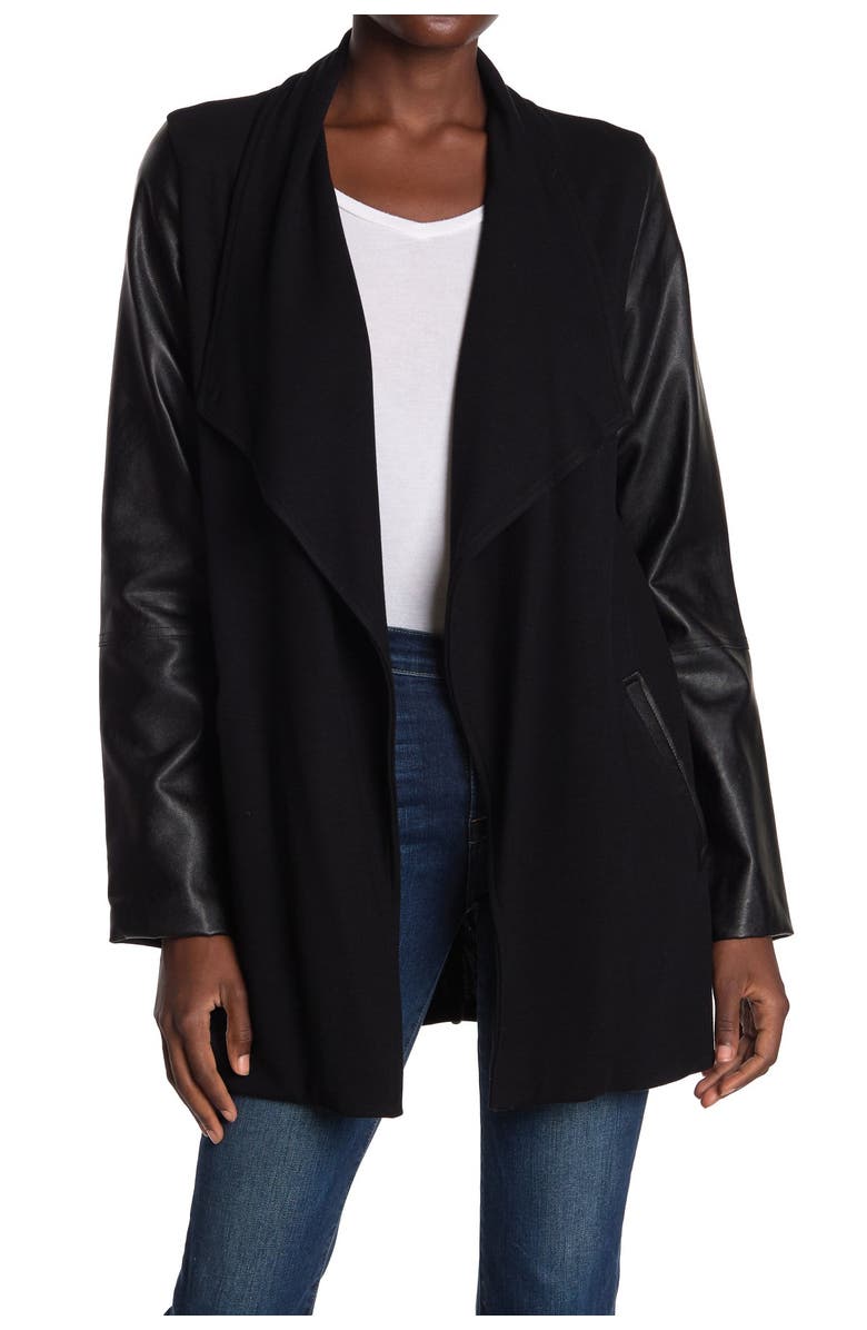 FIFTEEN TWENTY Faux Leather Sleeve Drape Front Jacket, Main, color,