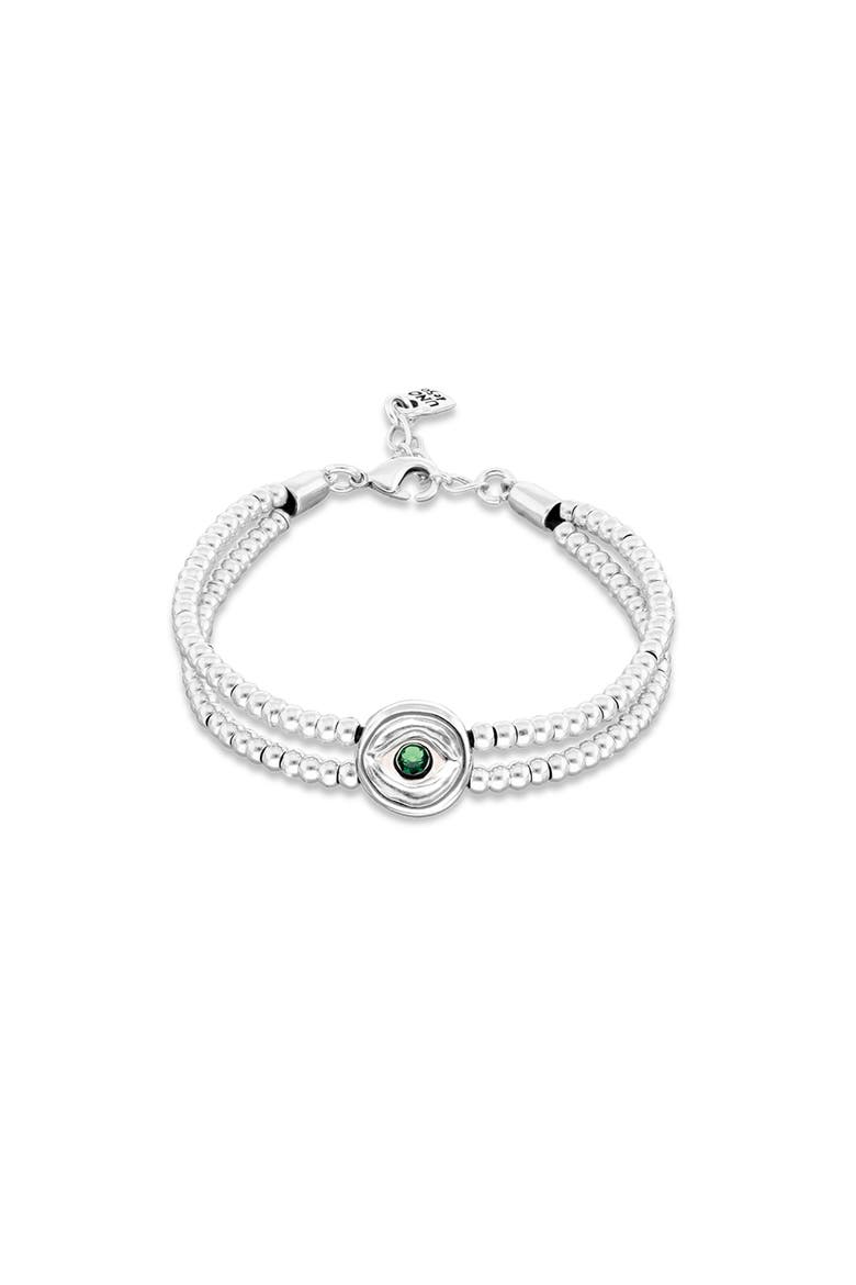 Double Silver-Plated Ball Bracelet with Eye Detail and Green Crystal, Main, color, Silver