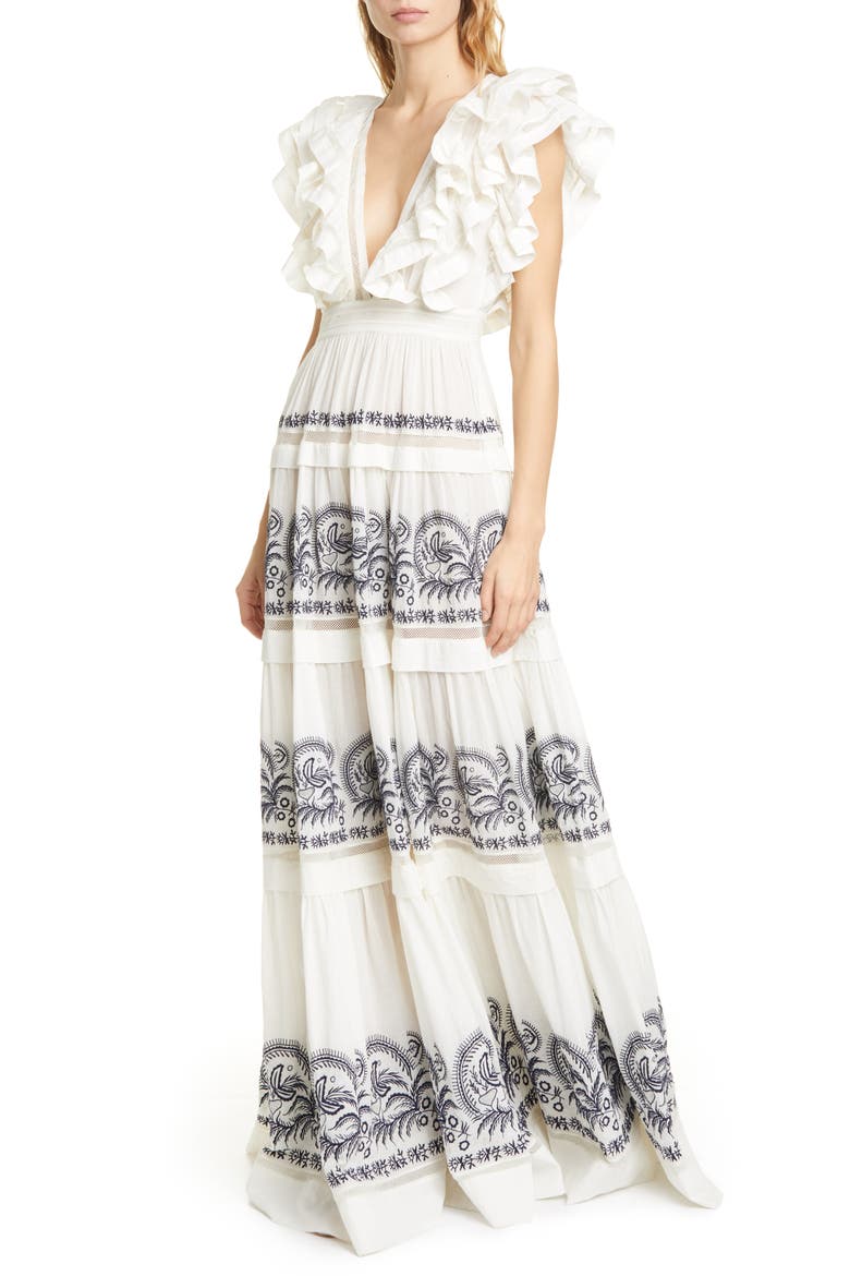 Marjorie Ruffle Embroidered Tier Cotton Maxi Dress, Main, color, BLANC