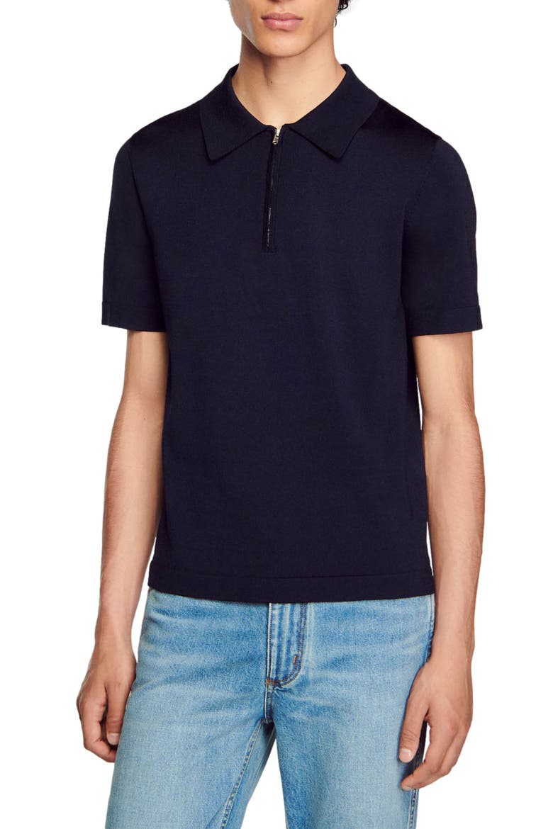 Knitted polo with zip collar, Main, color, NAVY BLUE