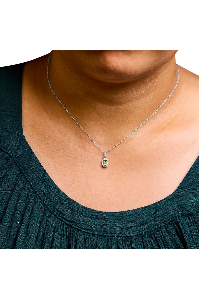10K White Gold 5x3mm Birthstone and Diamond Accent Halo Octagonal Shape Pendant Necklace, Alternate, color, Green Peridot | White