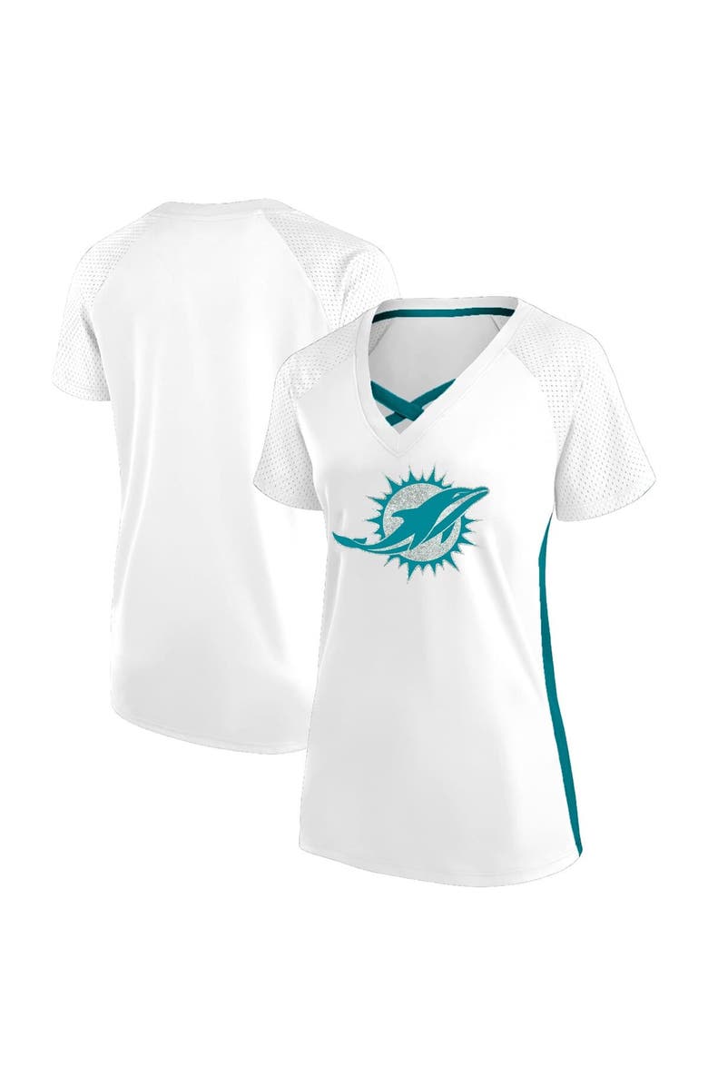 FANATICS Women's Fanatics  White Miami Dolphins Plus Size Glitter Lace-Up V- Neck T-Shirt, Main, color, White