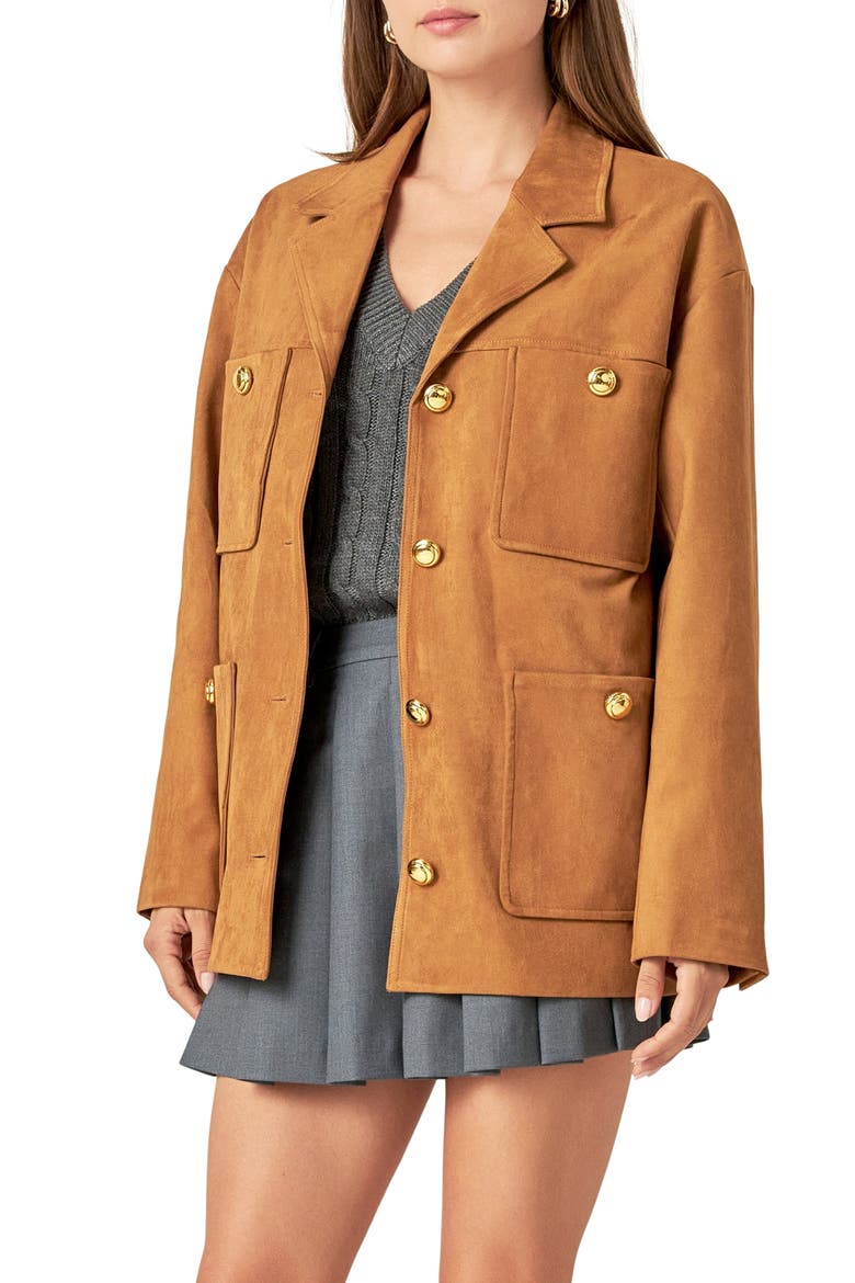 Padded Shoulder Stretch Faux Suede Jacket, Alternate, color, CAMEL