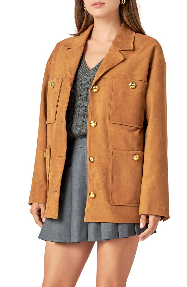 English Factory Padded Shoulder Stretch Faux Suede Jacket, Alternate, color, Camel