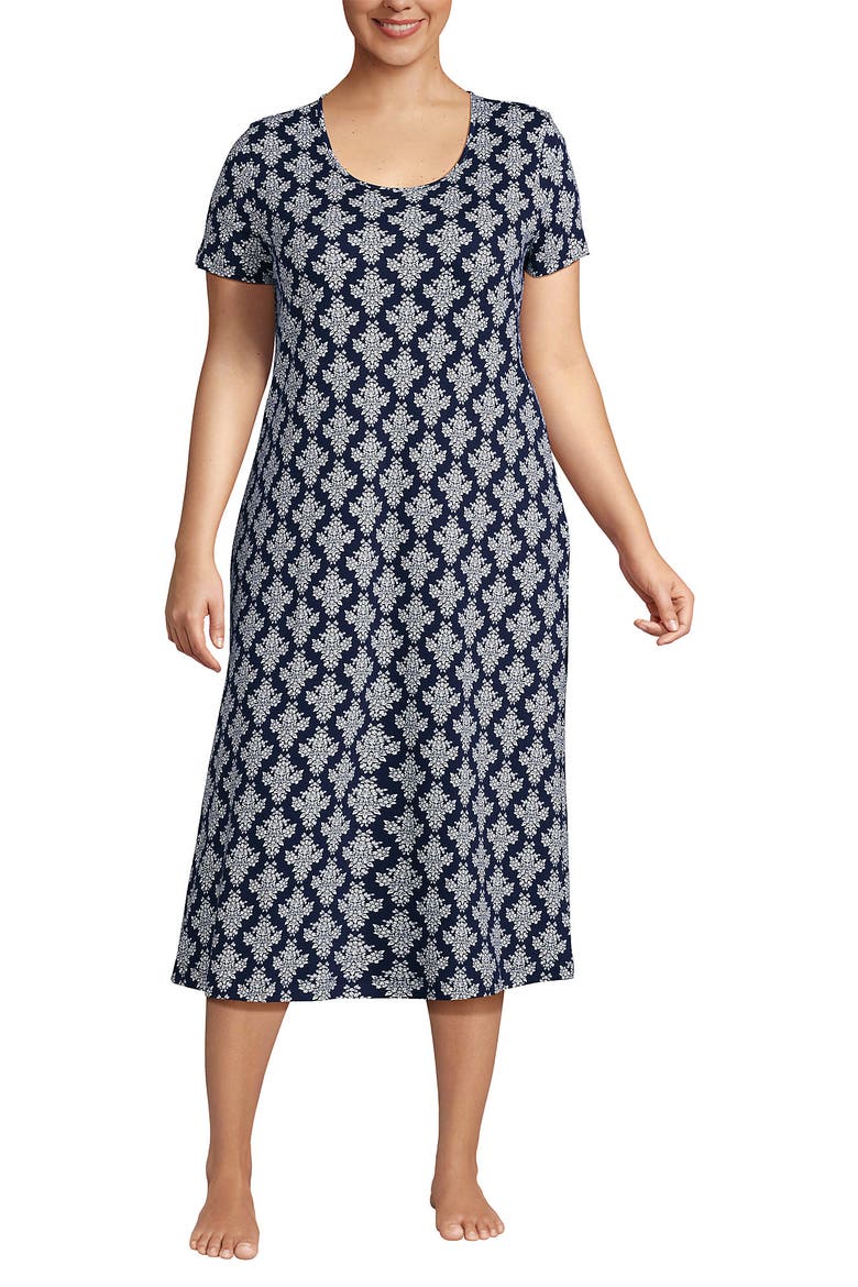 Cotton Short Sleeve Midcalf Nightgown, Main, color, Deep Sea Navy/Ivory Floral