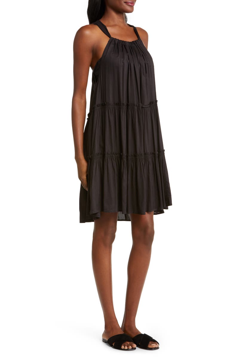 Elan Ruched Tiered Cover-Up Swing Dress, Alternate, color, Black