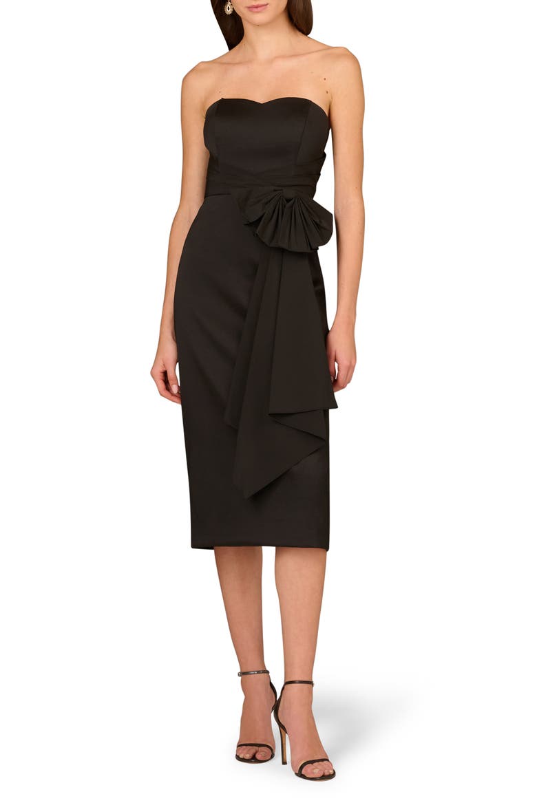Strapless Stretch Mikado Cocktail Midi Dress, Main, color, BLACK