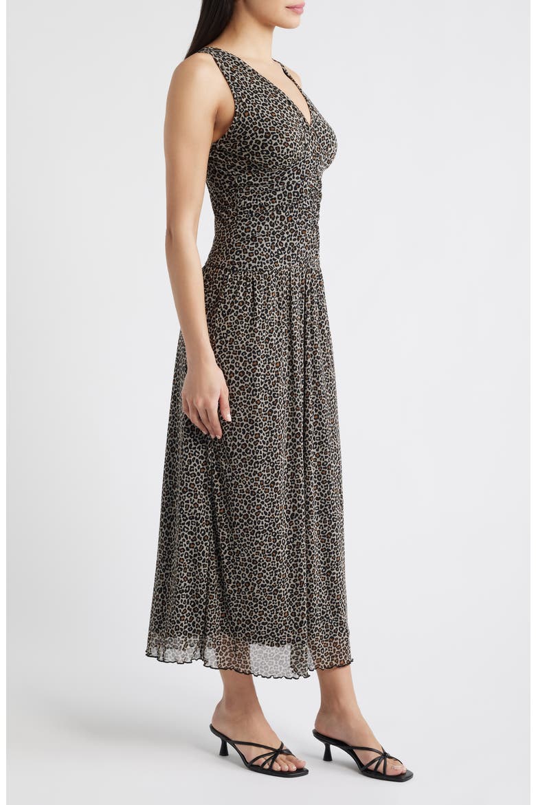 Leopard Print Ruched Mesh Maxi Dress, Alternate, color, TAUPE