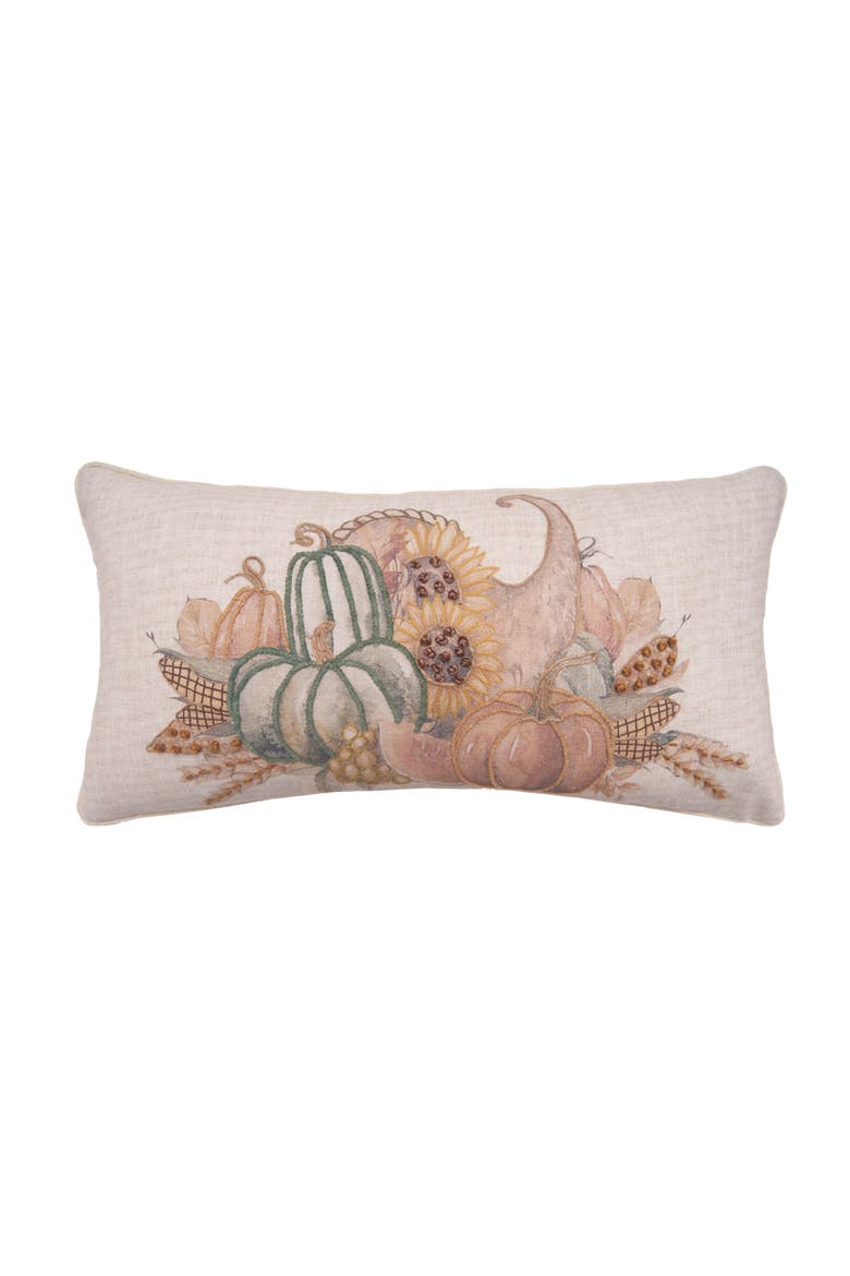 Autumn Fields Cornucopia Cotton Blend Mini Thanksgiving Accent Pillow 12" x 24", Main, color, Beige