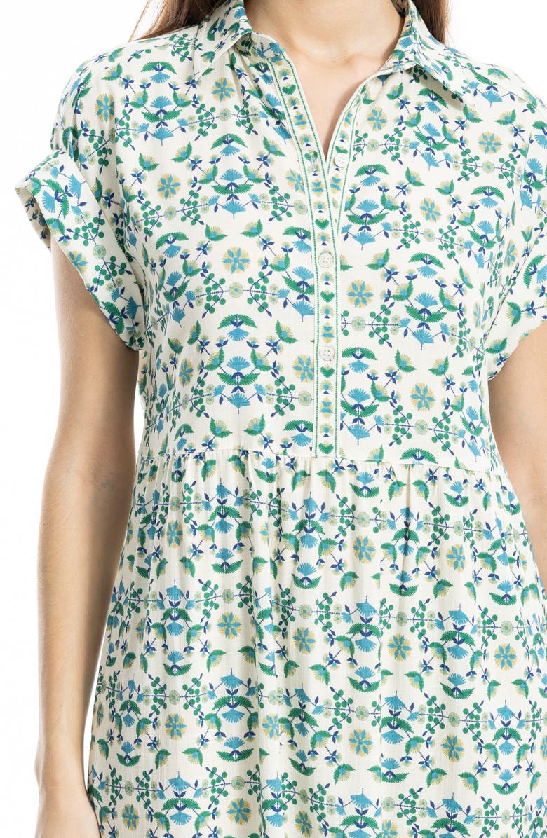 MAX STUDIO Cuffed Short Sleeve Maxi Shirtdress, Alternate, color, Cream/ Green Small Floral