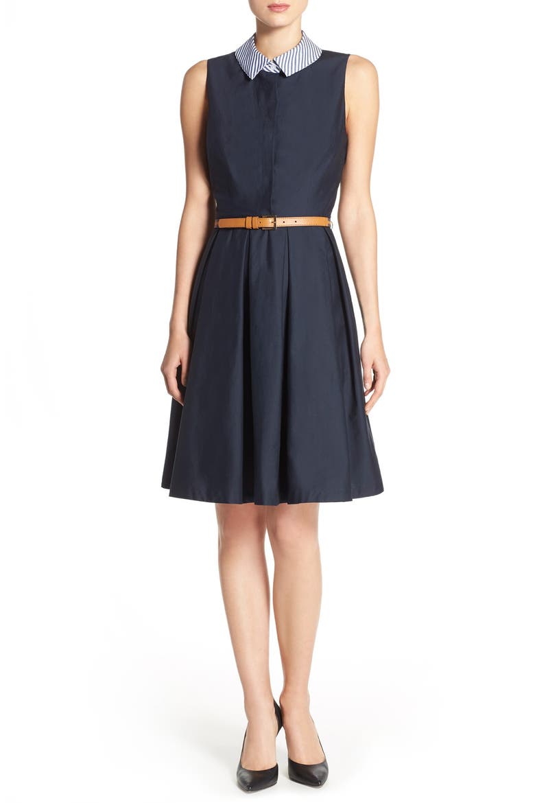 Collared Poplin Fit & Flare Shirtdress, Main, color, NAVY