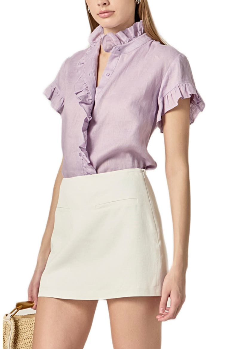 Ruffle Trim Linen Button-Up Shirt, Alternate, color, LILAC
