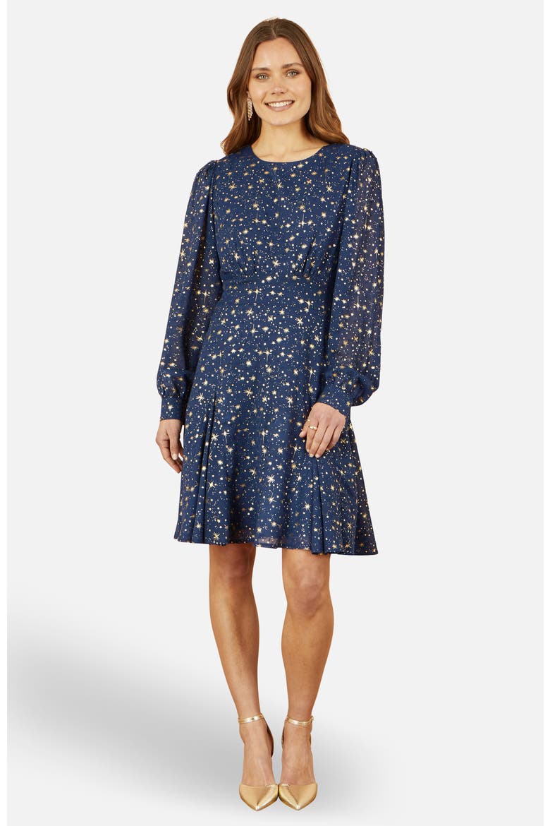 Star Print Foil Long Sleeve Dress, Main, color, Navy
