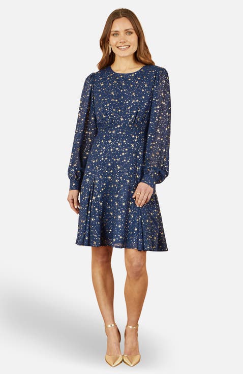 Star Print Foil Long Sleeve Dress