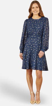 Yumi Star Print Foil Long Sleeve Dress