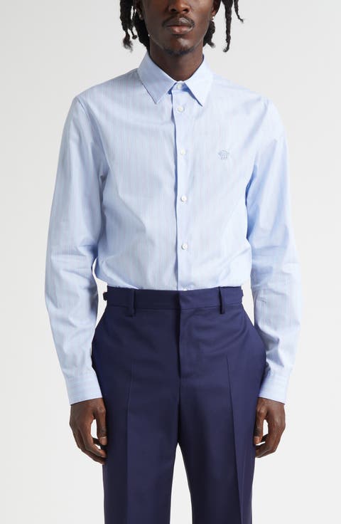 Medusa Embroidered Stripe Cotton Poplin Button-Up Shirt