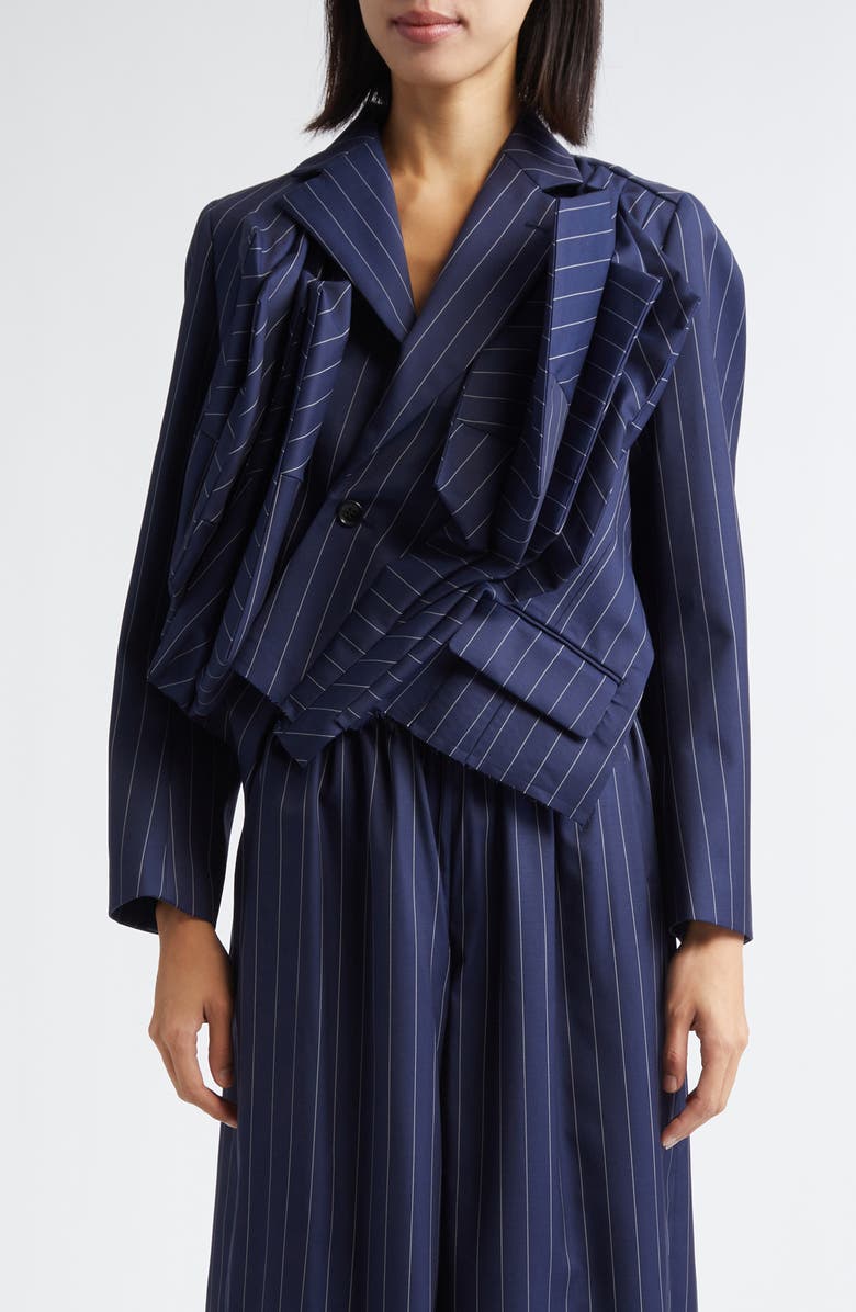 Comme des Garçons Twisted Draping Crop Pinstripe Blazer, Main, color, Navy