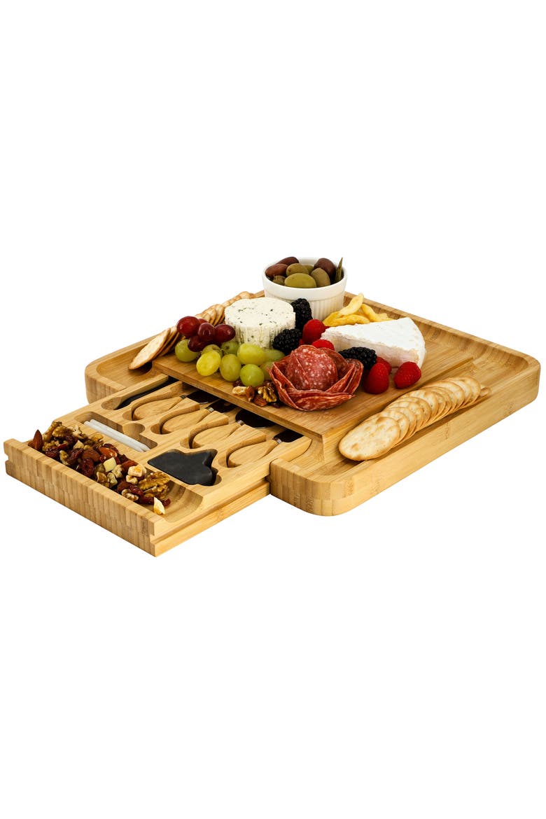 Wood Charcuterie Cheese Board with Slide Out Drawer with Cheese Utensils, Bottle Opener, and 3 Piece Mini Chalkboard Set, Main, color, Bamboo
