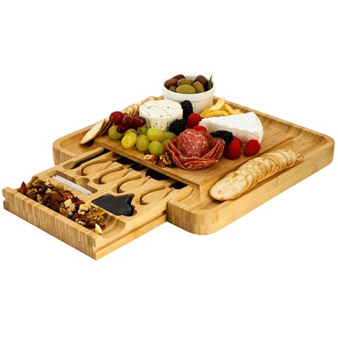 Wood Charcuterie Cheese Board with Slide Out Drawer with Cheese Utensils, Bottle Opener, and 3 Piece Mini Chalkboard Set