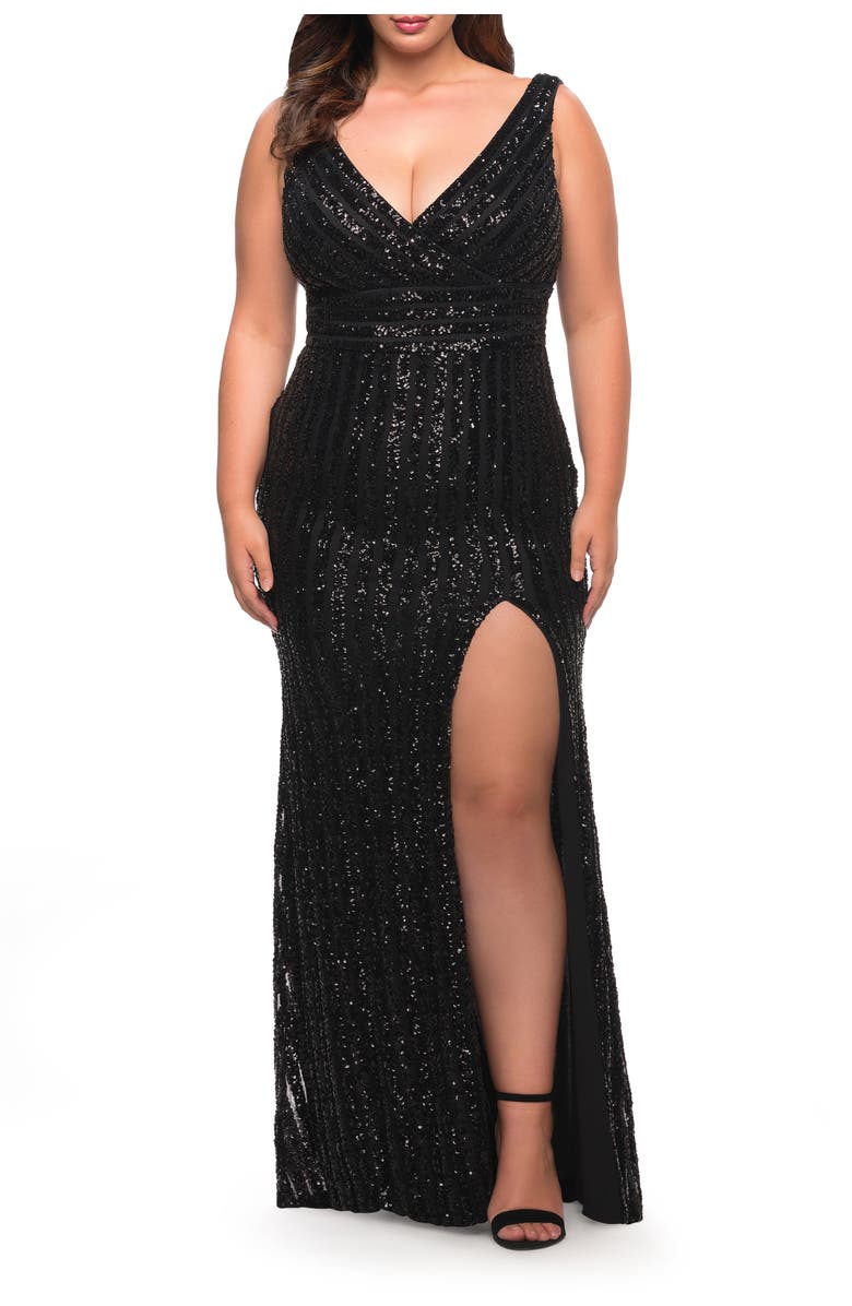 La Femme Long Sequin Plus Size Dress with Banded Waist, Main, color, Black