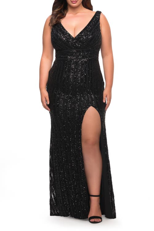 La Femme Long Sequin Plus Size Dress With Banded Waist