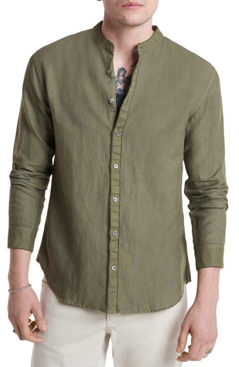 Slim Fit Band Collar Stretch Button-Up Shirt