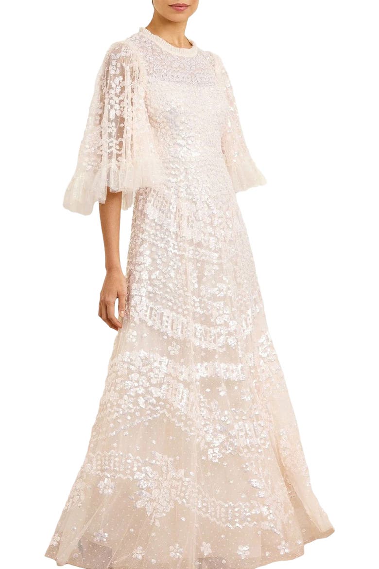 Anais Sequin 3/4 Sleeve Maxi Gown, Alternate, color, Cream/Dusk Pink