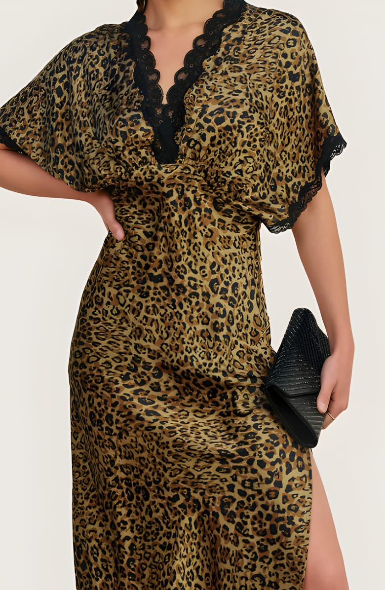 Modenaire Leopard Print Lace-Trim V-Neck Side-Slit Maxi Dress, Alternate, color, Leopard Print